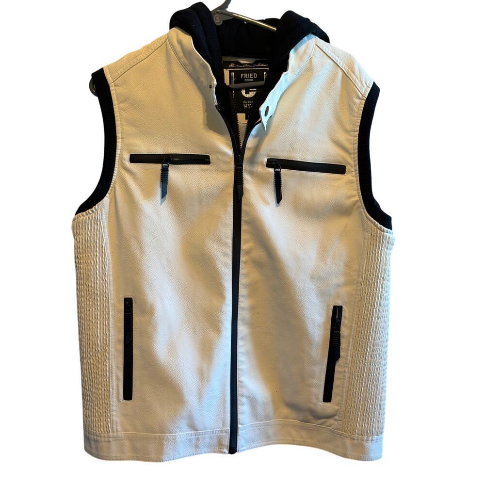 Fried Denim Men's Retro Faux Leather Vest Jacket Hoodie White Black Size Large